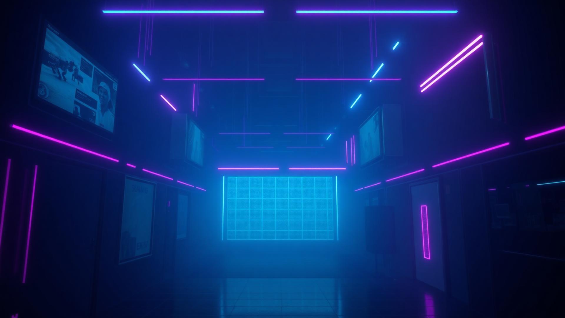Neon-lit cyberpunk game store corridor